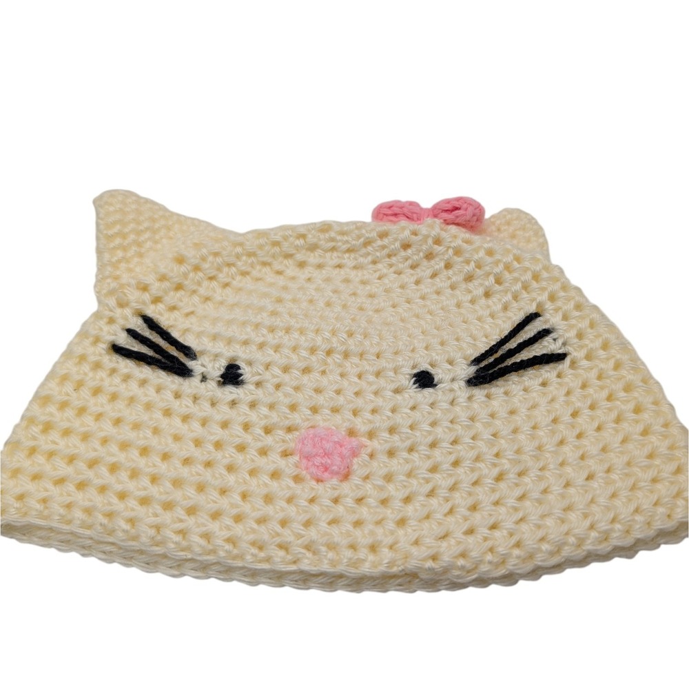 New Handmade Crocheted Cat Beanie Hat Pink Bow Whiskers Winter Snow Childrens
